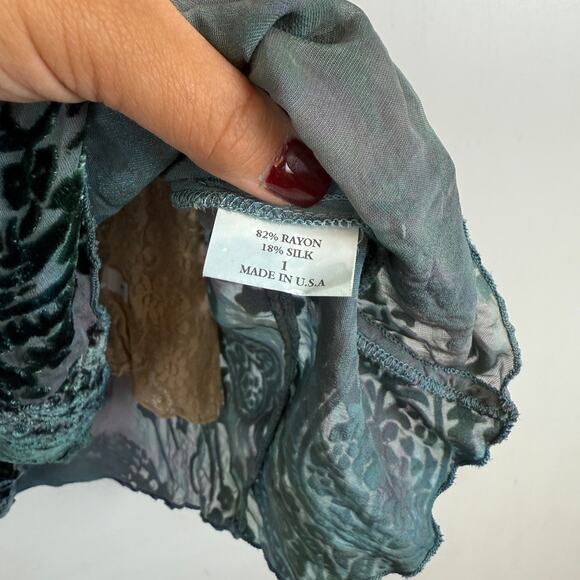 Y2K C-Lue Silk Blend Sheer Velvet Paisley Blosue w Lace Cami Blue - S - Picture 5 of 9